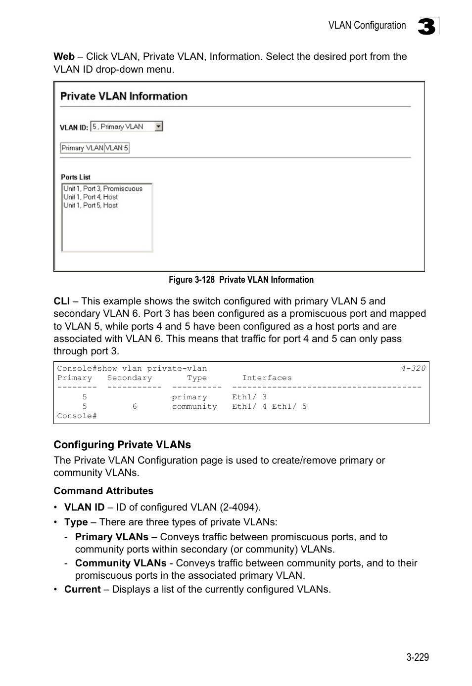 Configuring private vlans, Figure 3-128, Private vlan information | LevelOne FGL-2870 User Manual | Page 283 / 800