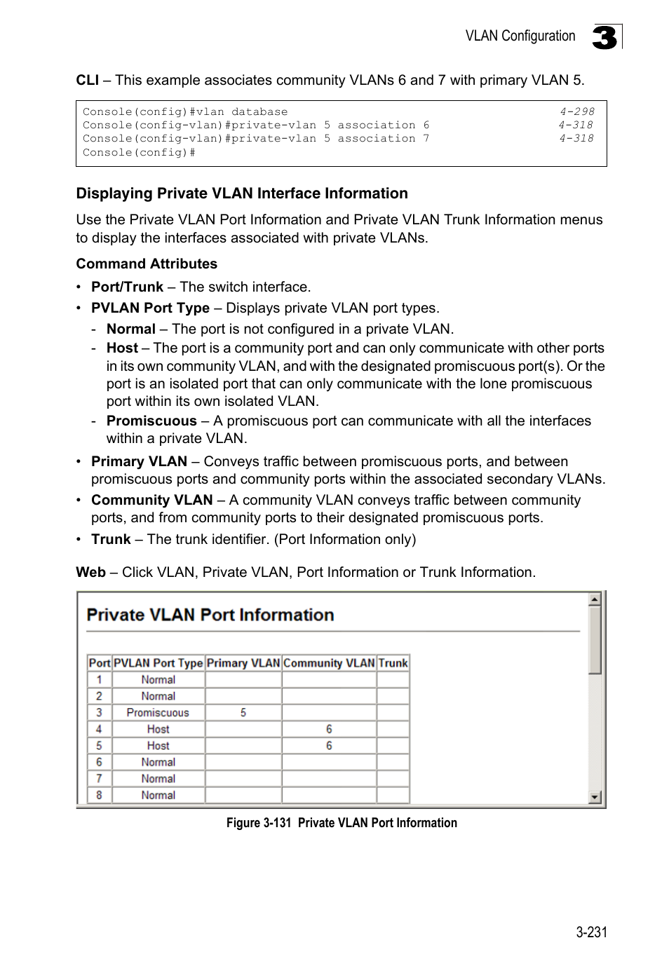 Displaying private vlan interface information, Figure 3-131, Private vlan port information | LevelOne FGL-2870 User Manual | Page 285 / 800