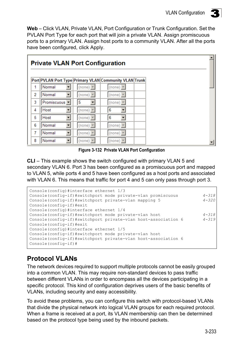 Protocol vlans, Figure 3-132, Private vlan port configuration | LevelOne FGL-2870 User Manual | Page 287 / 800