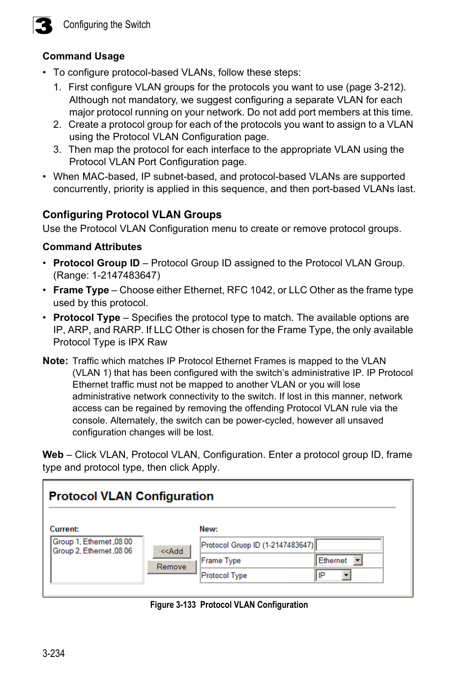 Configuring protocol vlan groups, Figure 3-133, Protocol vlan configuration | LevelOne FGL-2870 User Manual | Page 288 / 800