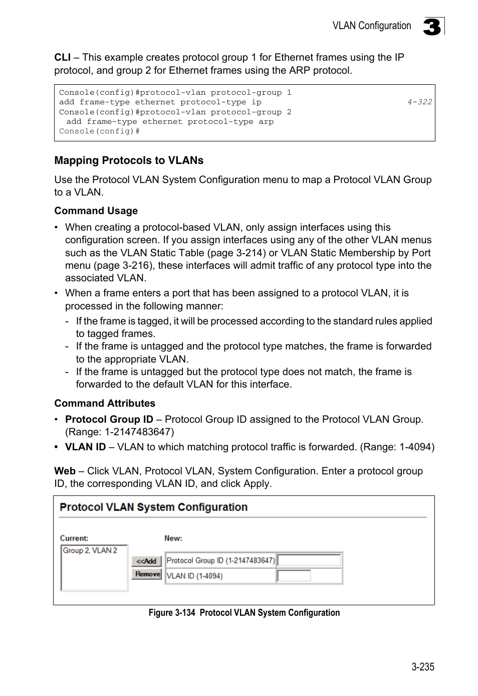 Mapping protocols to vlans, Figure 3-134, Protocol vlan system configuration | LevelOne FGL-2870 User Manual | Page 289 / 800