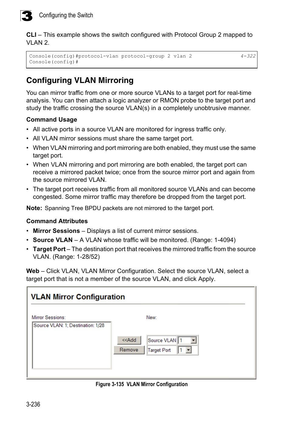 Configuring vlan mirroring, Figure 3-135, Vlan mirror configuration | LevelOne FGL-2870 User Manual | Page 290 / 800