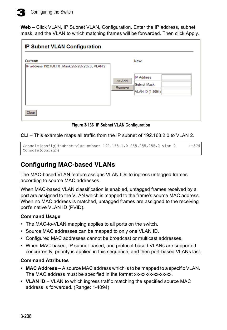 Configuring mac-based vlans, Figure 3-136, Ip subnet vlan configuration | LevelOne FGL-2870 User Manual | Page 292 / 800