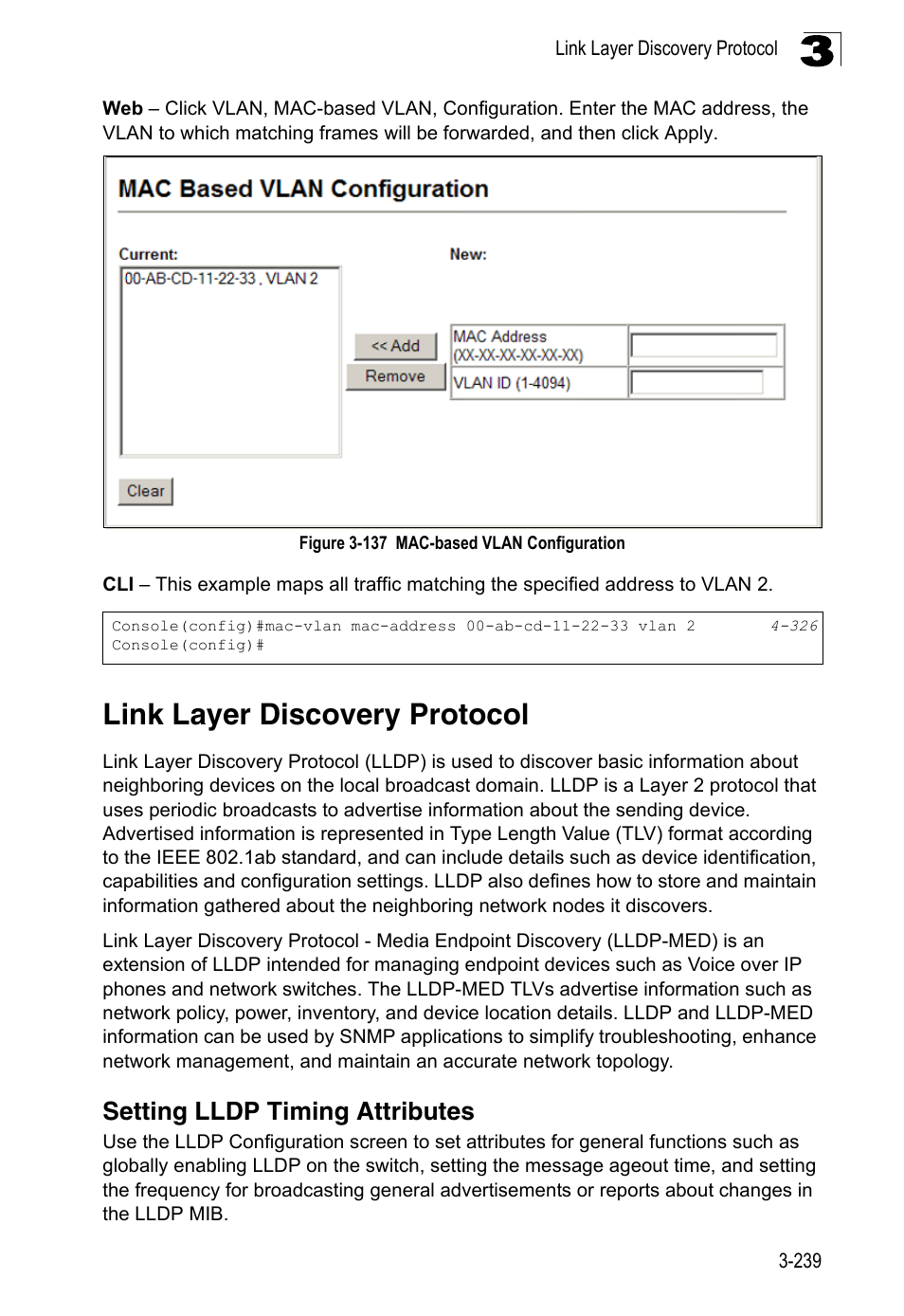 Link layer discovery protocol, Setting lldp timing attributes, Figure 3-137 | Mac-based vlan configuration | LevelOne FGL-2870 User Manual | Page 293 / 800