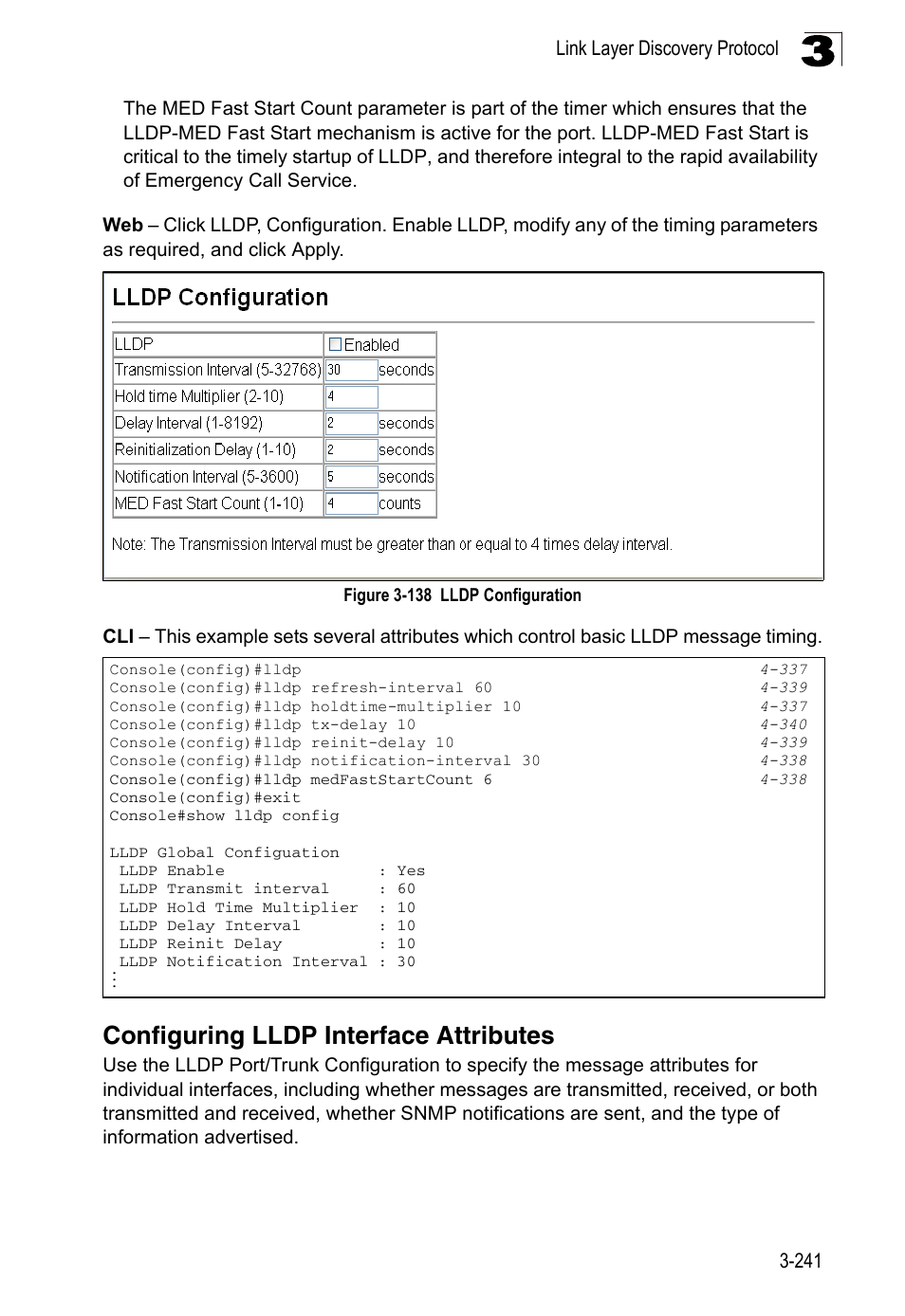 Configuring lldp interface attributes, Figure 3-138, Lldp configuration | LevelOne FGL-2870 User Manual | Page 295 / 800