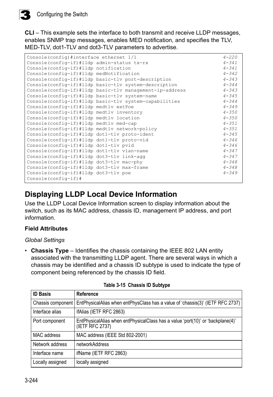 Displaying lldp local device information, Table 3-15, Chassis id subtype | LevelOne FGL-2870 User Manual | Page 298 / 800