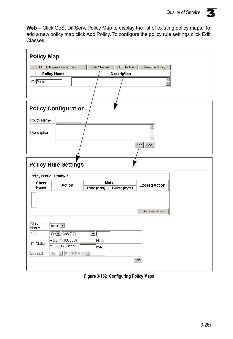 Figure 3-152, Configuring policy maps | LevelOne FGL-2870 User Manual | Page 321 / 800