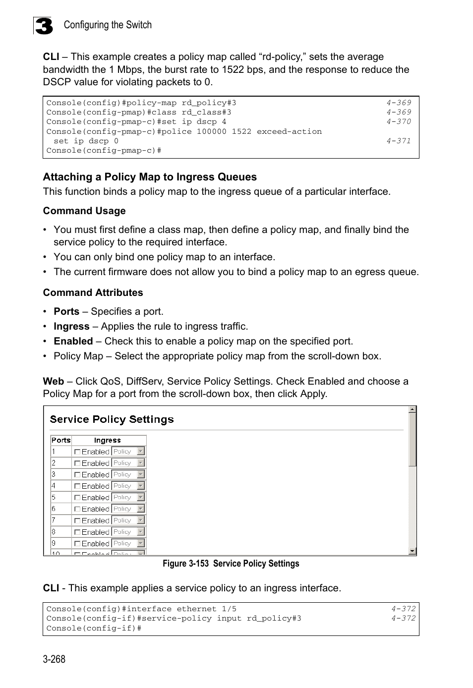 Attaching a policy map to ingress queues, Figure 3-153, Service policy settings | LevelOne FGL-2870 User Manual | Page 322 / 800