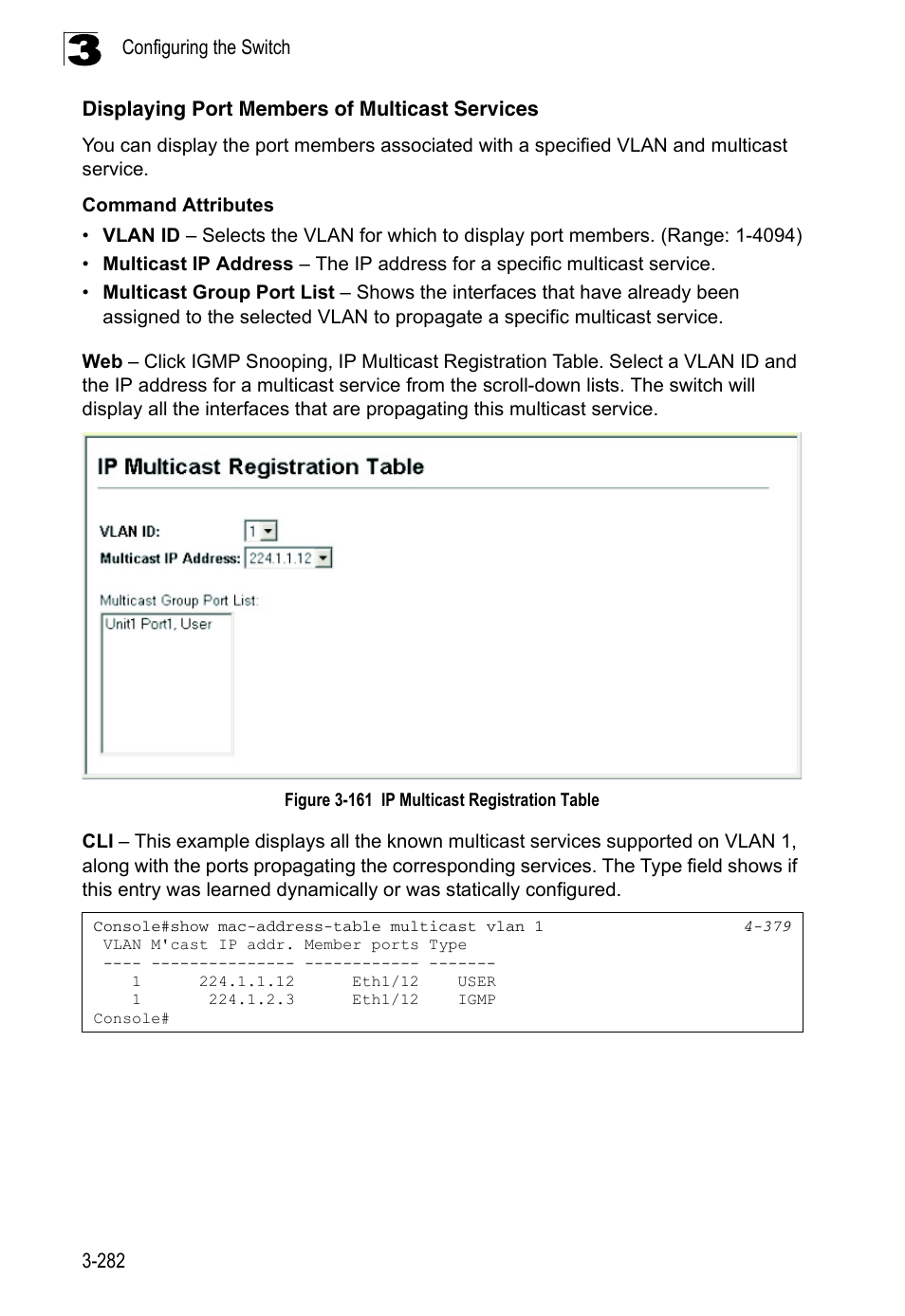 Displaying port members of multicast services, Figure 3-161, Ip multicast registration table | LevelOne FGL-2870 User Manual | Page 336 / 800