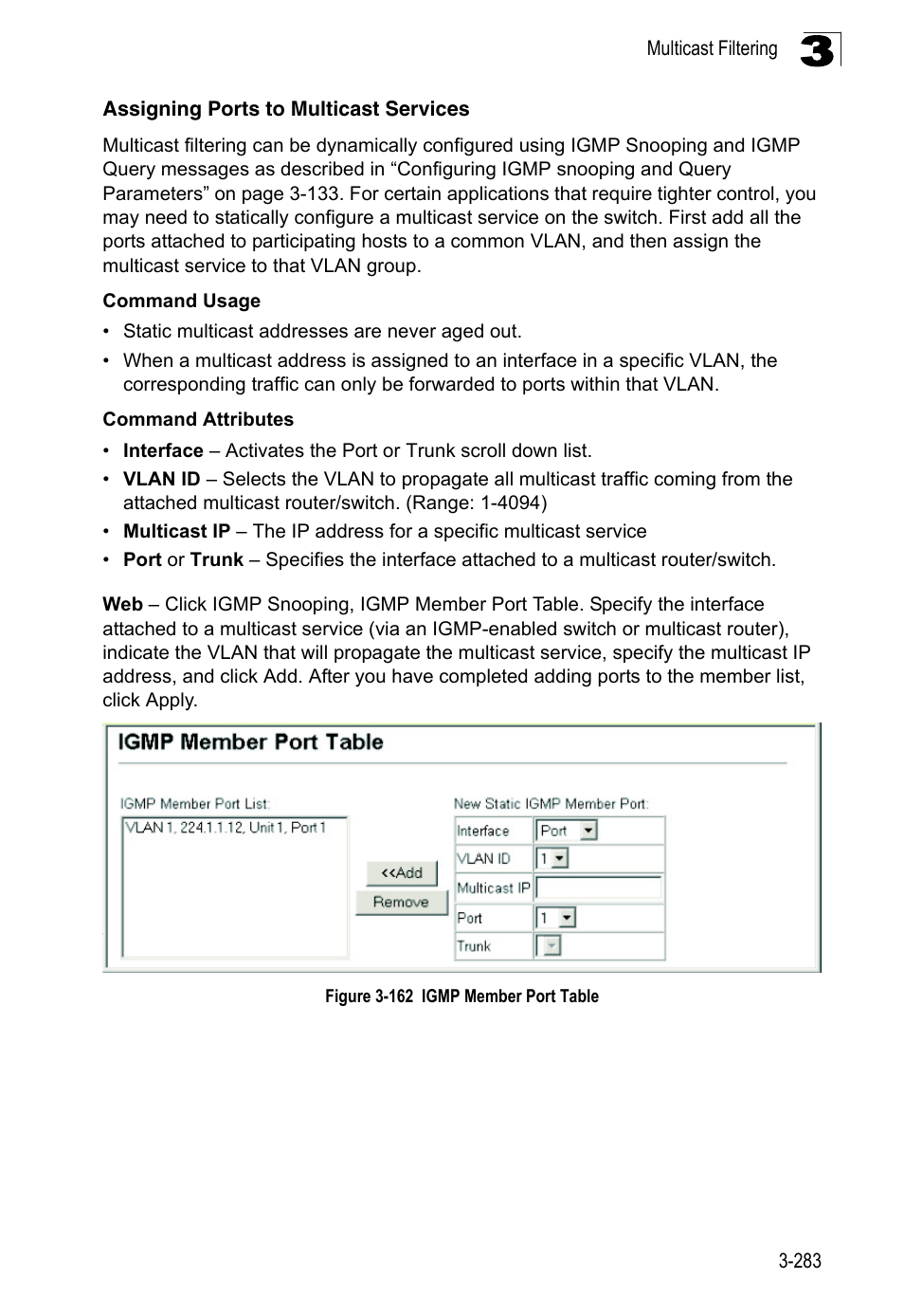 Assigning ports to multicast services, Figure 3-162, Igmp member port table | LevelOne FGL-2870 User Manual | Page 337 / 800