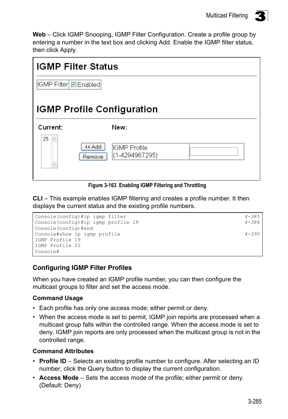 Configuring igmp filter profiles, Figure 3-163, Enabling igmp filtering and throttling | LevelOne FGL-2870 User Manual | Page 339 / 800