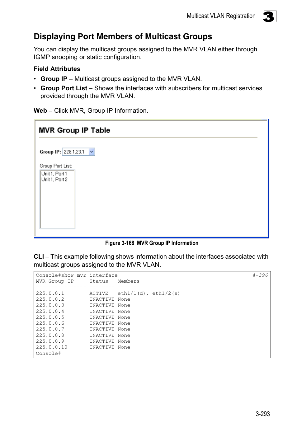 Displaying port members of multicast groups, Figure 3-168, Mvr group ip information | LevelOne FGL-2870 User Manual | Page 347 / 800