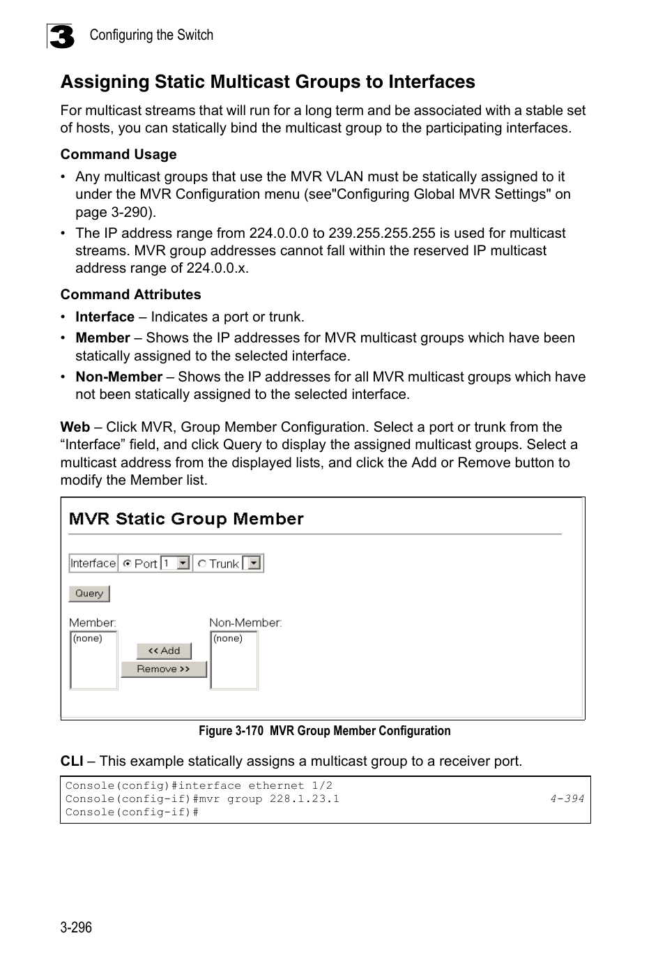 Assigning static multicast groups to interfaces, Figure 3-170, Mvr group member configuration | LevelOne FGL-2870 User Manual | Page 350 / 800