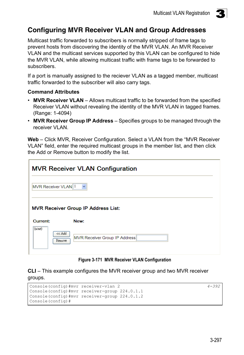 Configuring mvr receiver vlan and group addresses, Figure 3-171, Mvr receiver vlan configuration | LevelOne FGL-2870 User Manual | Page 351 / 800