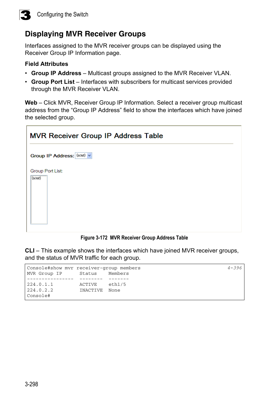 Displaying mvr receiver groups, Figure 3-172, Mvr receiver group address table | LevelOne FGL-2870 User Manual | Page 352 / 800