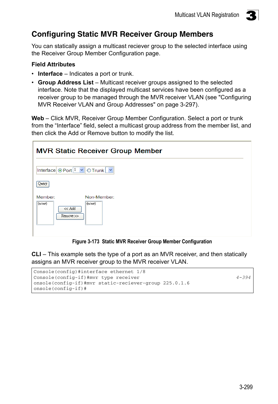 Configuring static mvr receiver group members, Figure 3-173, Static mvr receiver group member configuration | LevelOne FGL-2870 User Manual | Page 353 / 800