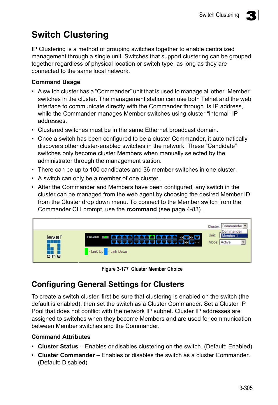 Switch clustering, Configuring general settings for clusters, Figure 3-177 | Cluster member choice | LevelOne FGL-2870 User Manual | Page 359 / 800
