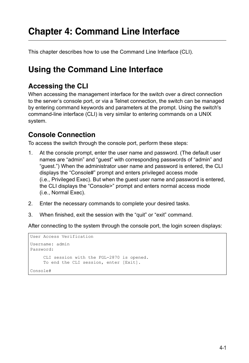 Chapter 4: command line interface, Using the command line interface, Accessing the cli | Console connection, To chapter 4: command line interface | LevelOne FGL-2870 User Manual | Page 367 / 800