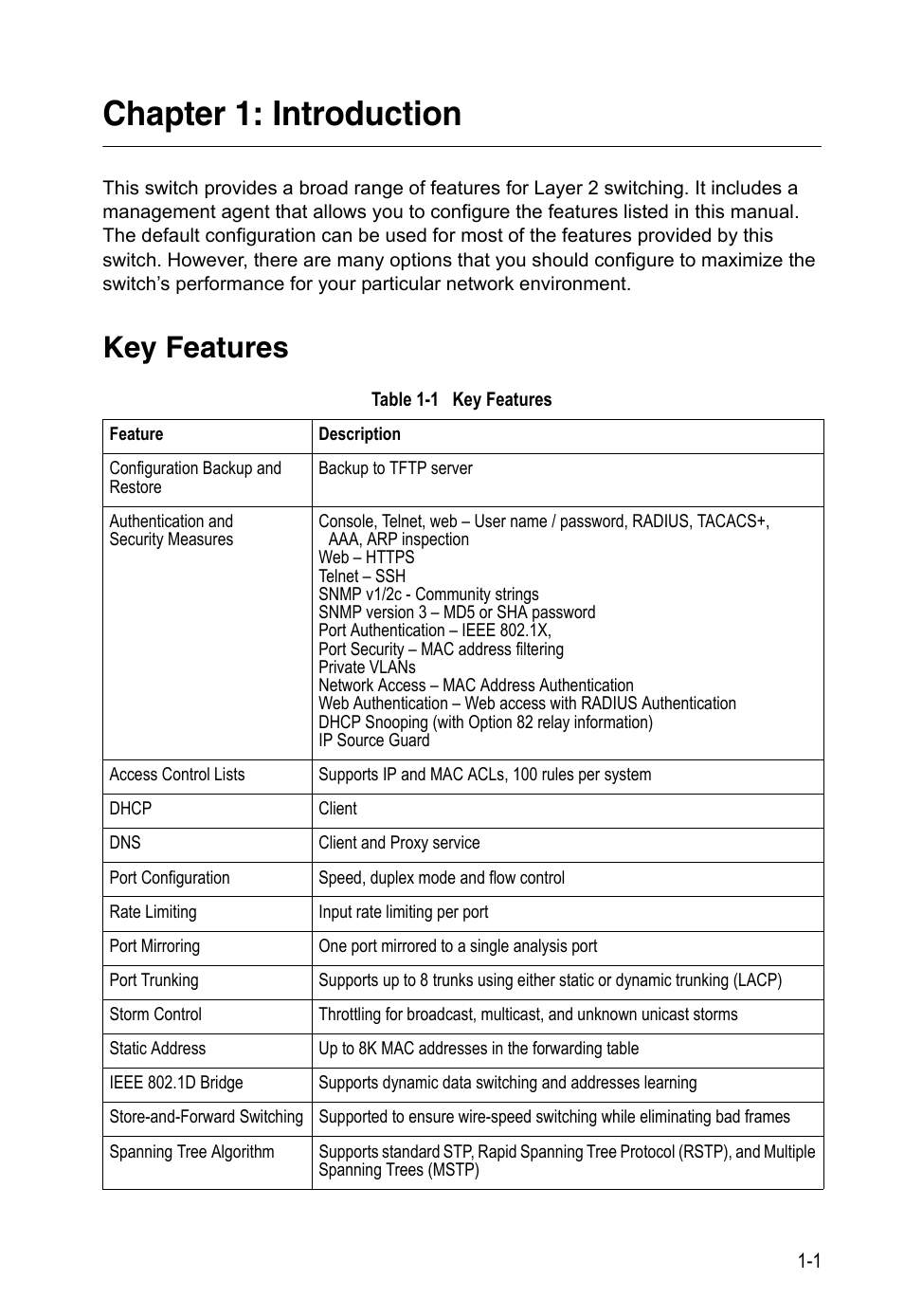 Chapter 1: introduction, Key features, Chapter 1: introduction 1-1 | Table 1-1 | LevelOne FGL-2870 User Manual | Page 37 / 800