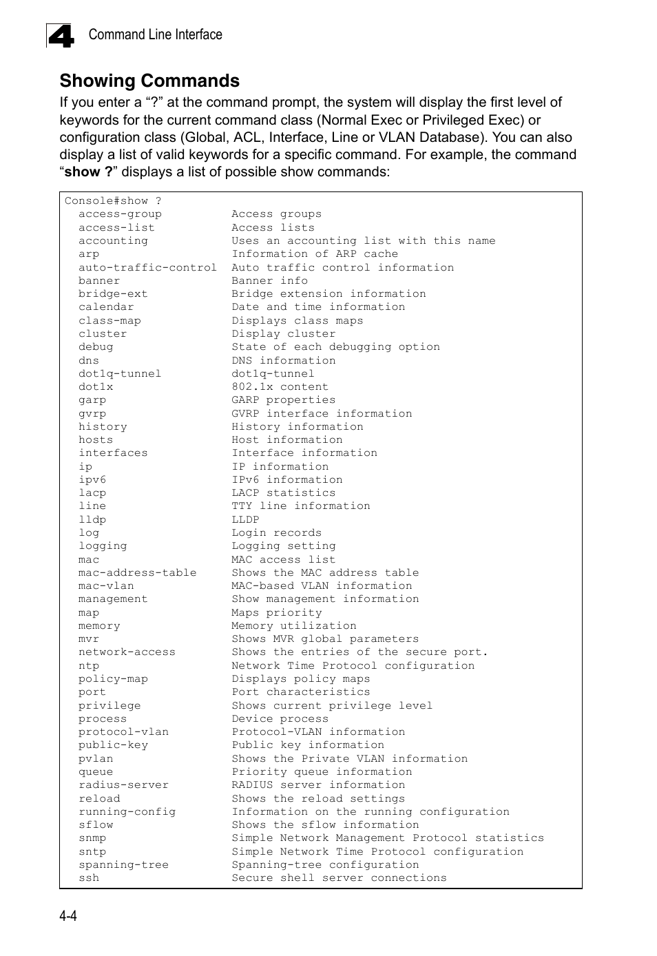 Showing commands | LevelOne FGL-2870 User Manual | Page 370 / 800