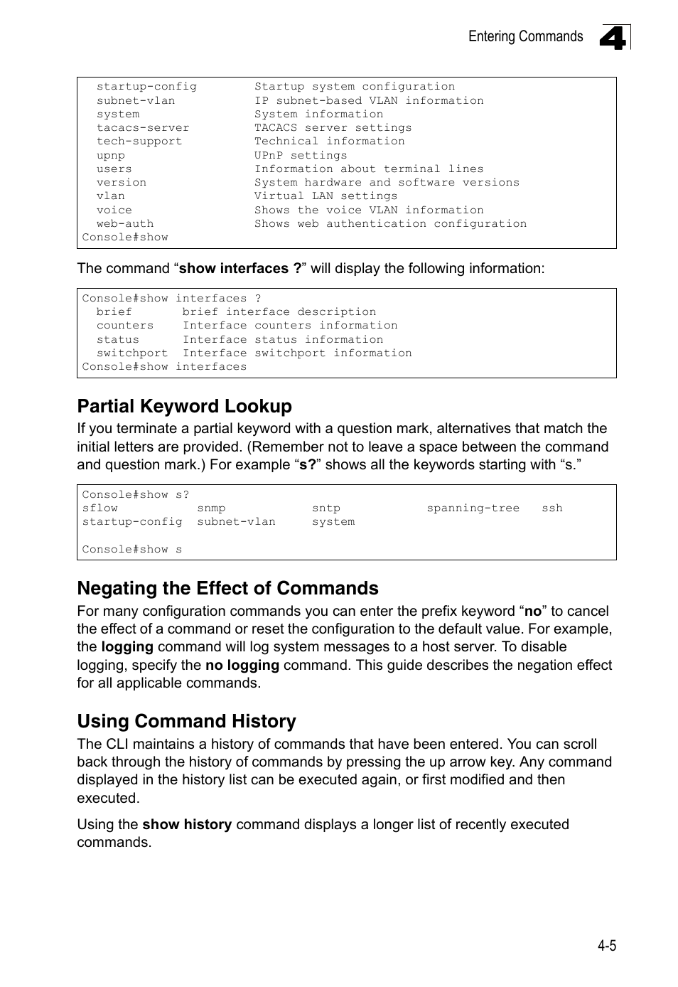 Partial keyword lookup, Negating the effect of commands, Using command history | LevelOne FGL-2870 User Manual | Page 371 / 800
