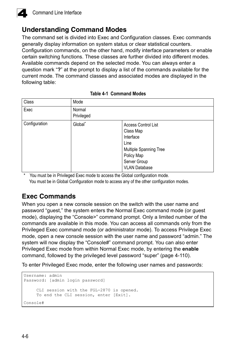 Understanding command modes, Exec commands, Table 4-1 | Command modes | LevelOne FGL-2870 User Manual | Page 372 / 800