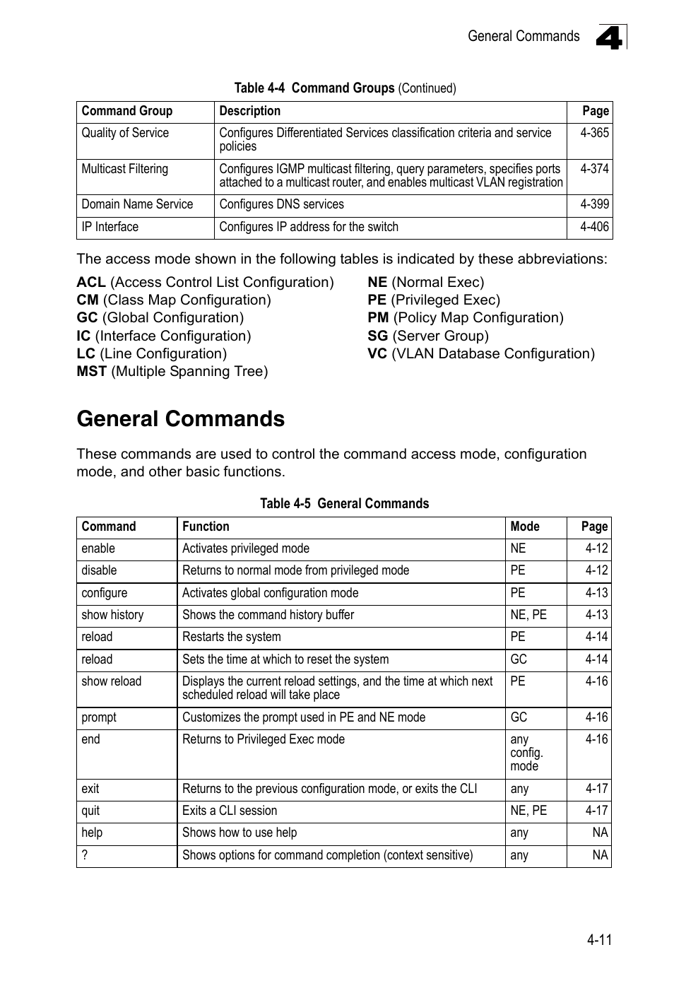 General commands, Table 4-5 | LevelOne FGL-2870 User Manual | Page 377 / 800