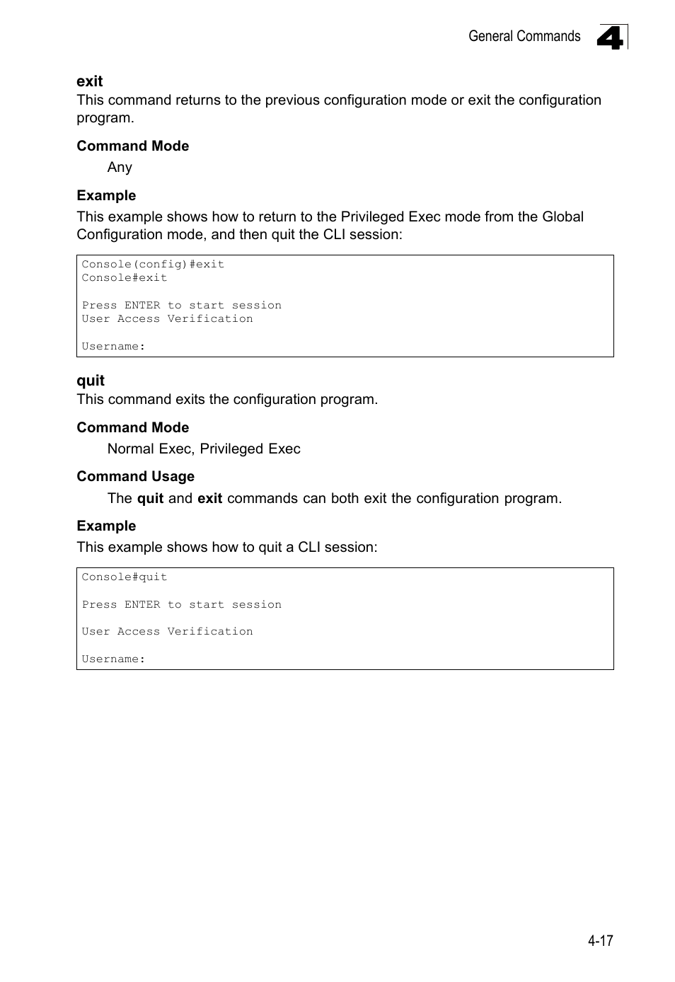 Exit, Quit, Exit 4-17 quit 4-17 | LevelOne FGL-2870 User Manual | Page 383 / 800