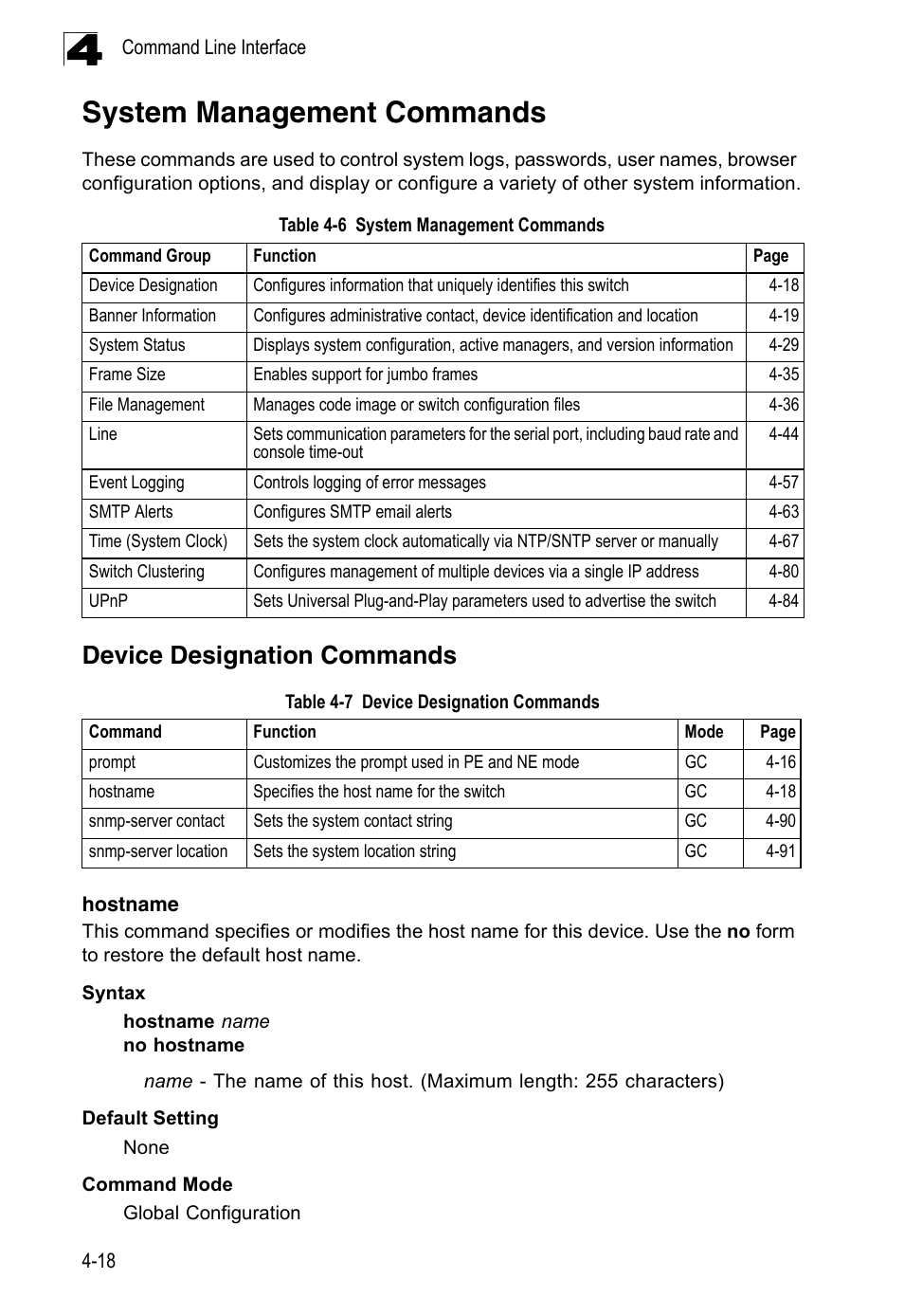System management commands, Device designation commands, Hostname 4-18 | Table 4-6, Table 4-7 | LevelOne FGL-2870 User Manual | Page 384 / 800