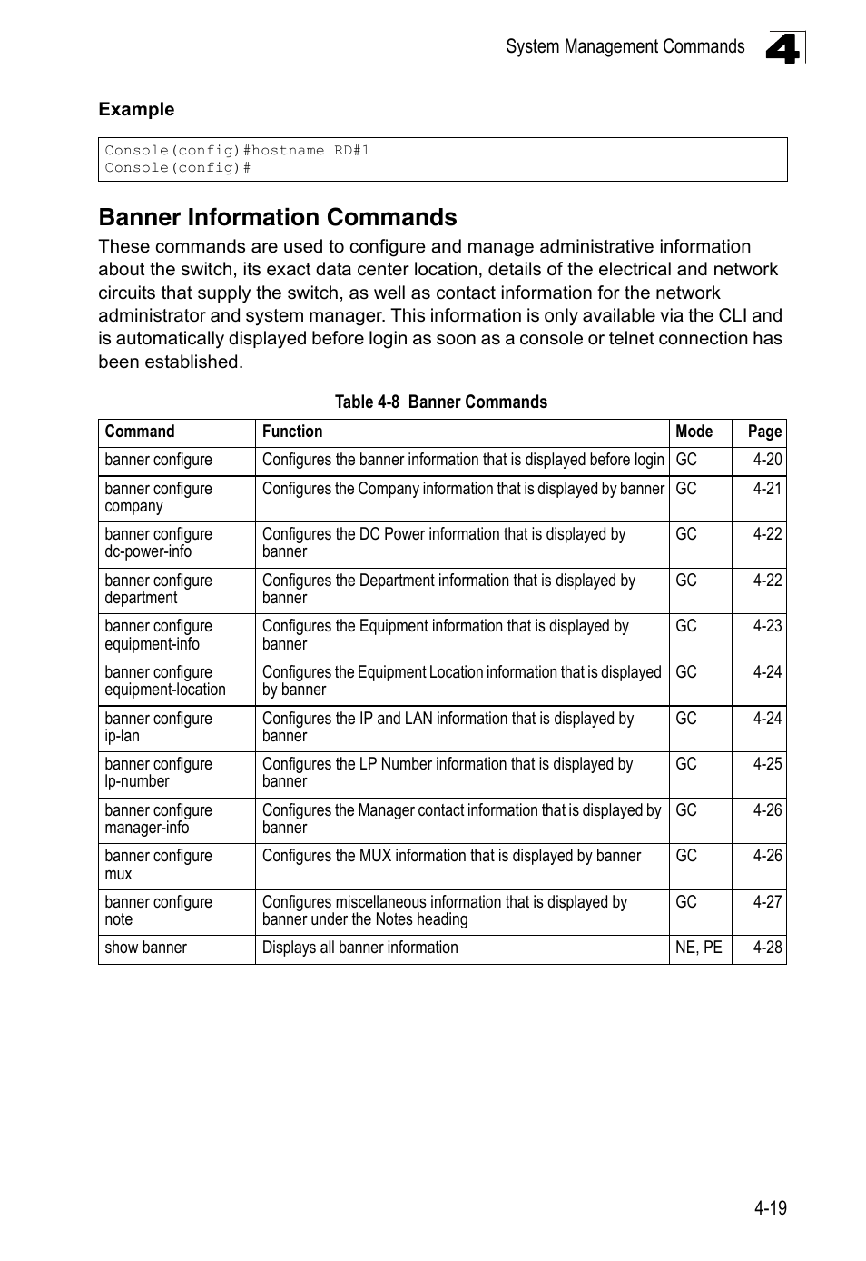 Banner information commands, Table 4-8, Banner commands | LevelOne FGL-2870 User Manual | Page 385 / 800