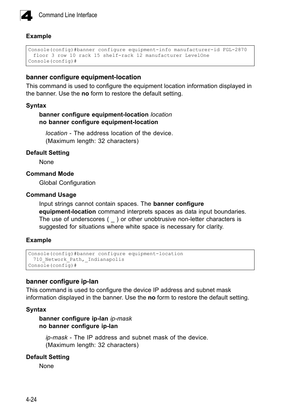 Banner configure equipment-location, Banner configure ip-lan | LevelOne FGL-2870 User Manual | Page 390 / 800