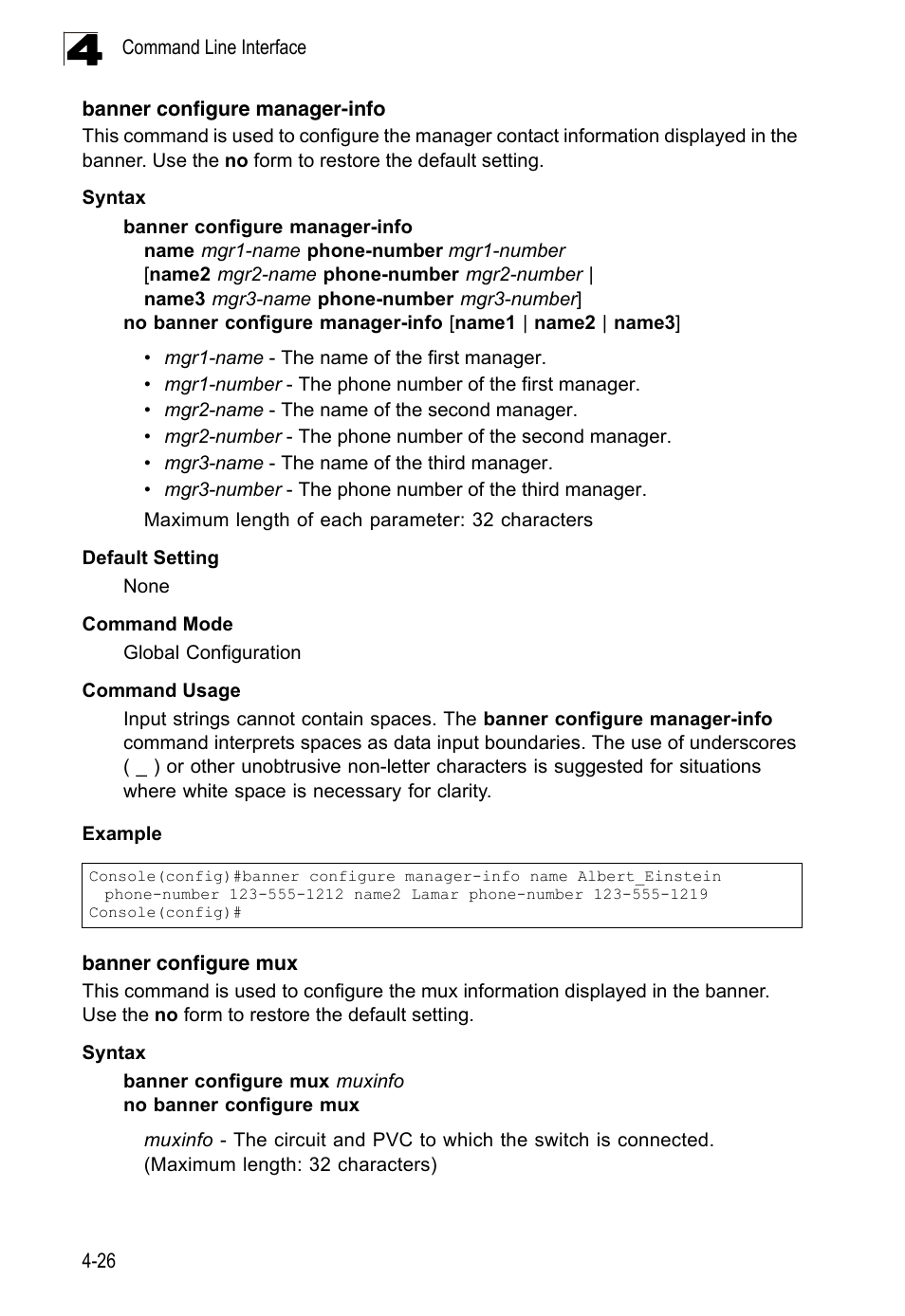 Banner configure manager-info, Banner configure mux | LevelOne FGL-2870 User Manual | Page 392 / 800