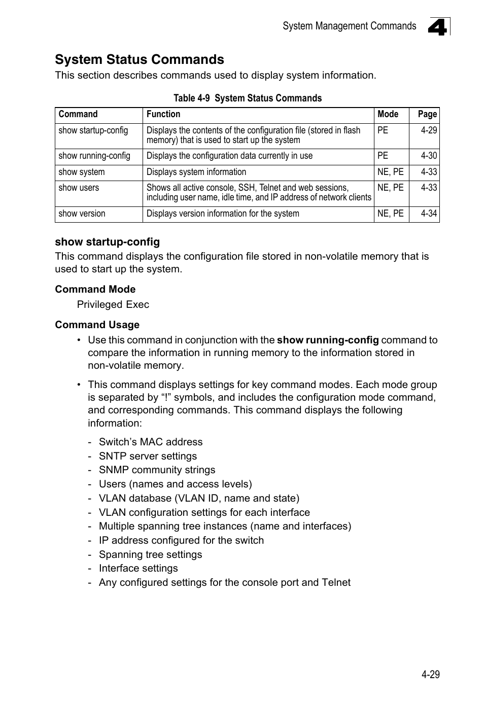 System status commands, Show startup-config, Table 4-9 | LevelOne FGL-2870 User Manual | Page 395 / 800