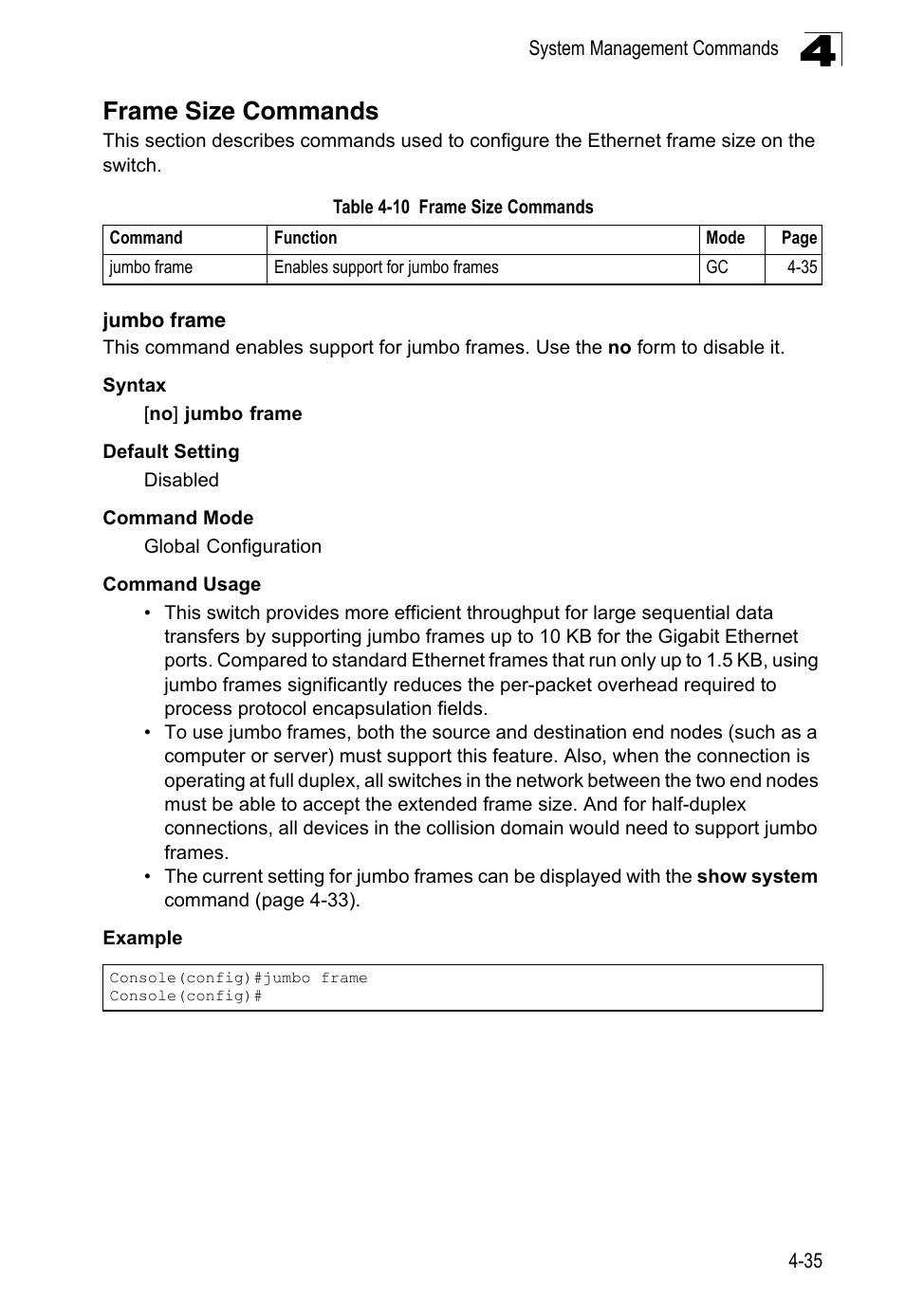 Frame size commands, Jumbo frame, Table 4-10 | LevelOne FGL-2870 User Manual | Page 401 / 800