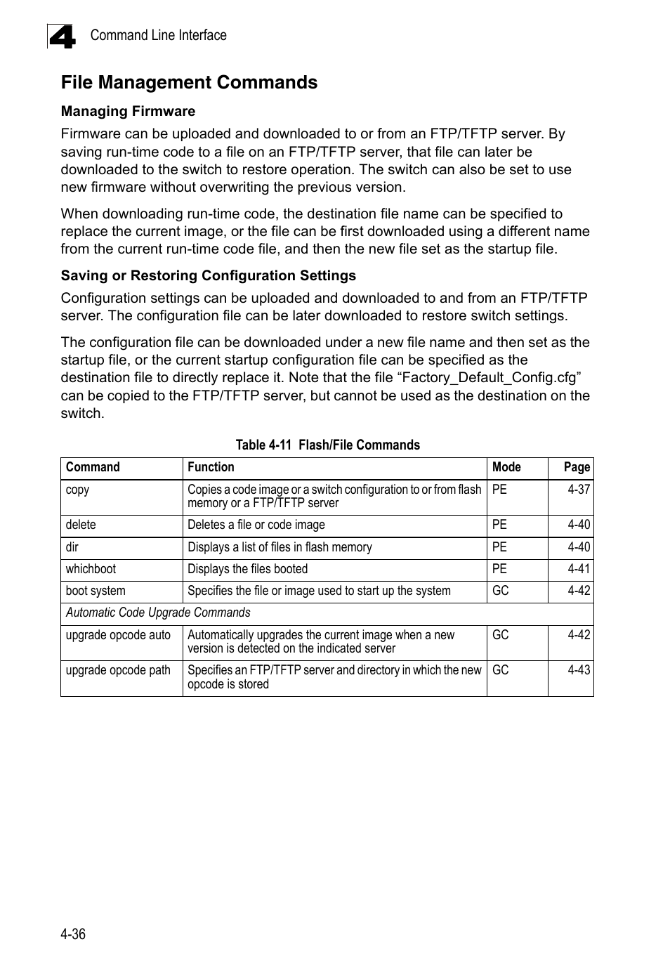 File management commands, Table 4-11, Flash/file commands | LevelOne FGL-2870 User Manual | Page 402 / 800