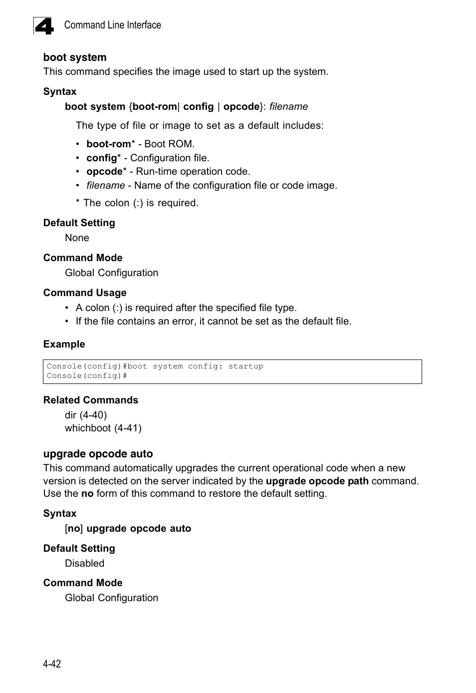Boot system, Upgrade opcode auto | LevelOne FGL-2870 User Manual | Page 408 / 800