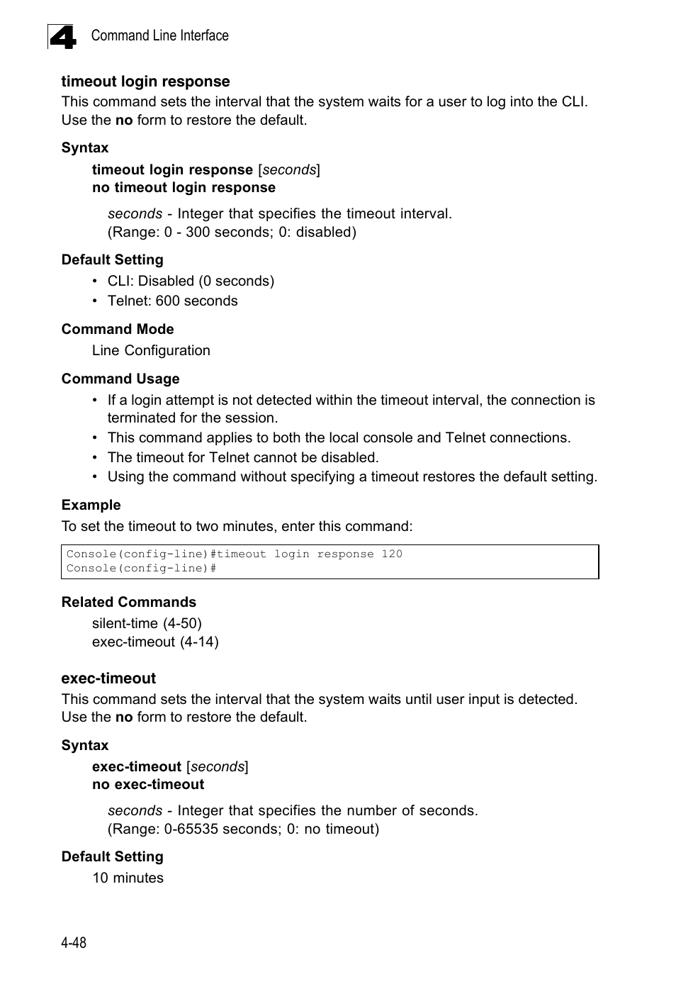 Timeout login response, Exec-timeout 4-48 | LevelOne FGL-2870 User Manual | Page 414 / 800