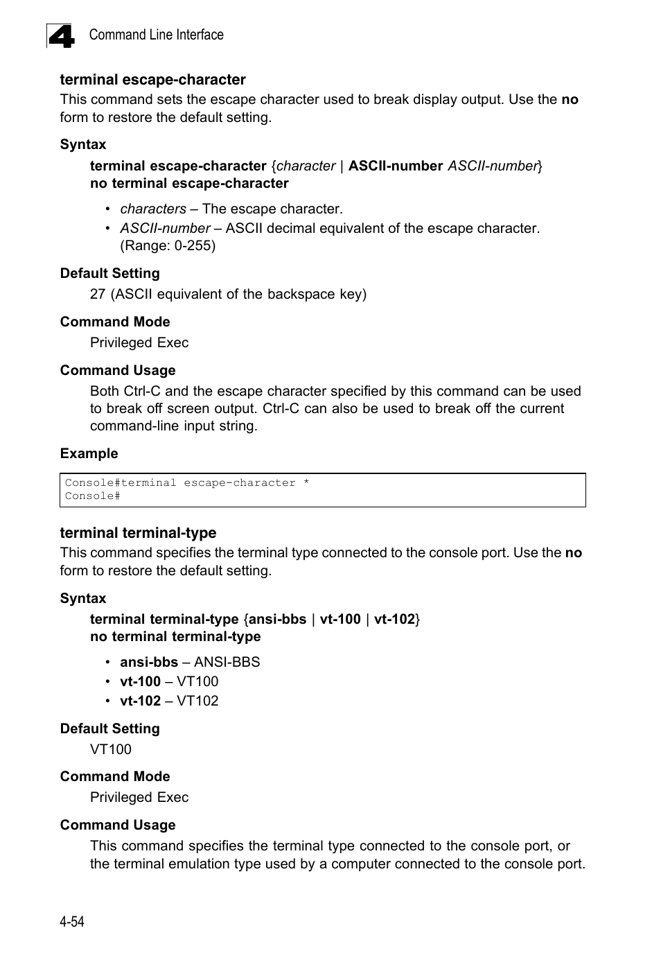 Terminal escape-character, Terminal terminal-type | LevelOne FGL-2870 User Manual | Page 420 / 800
