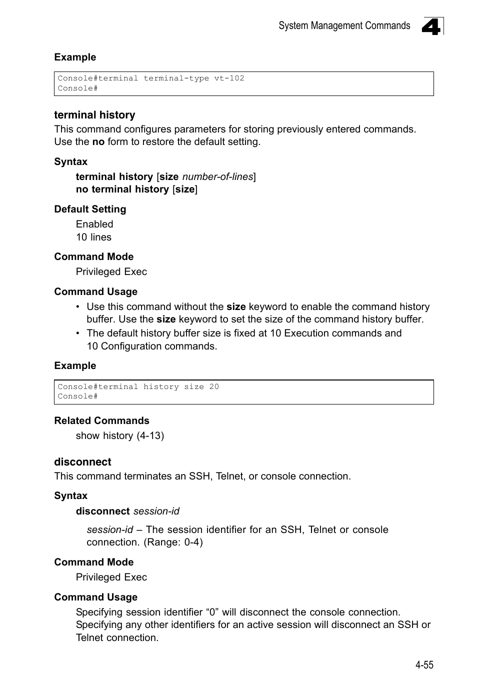 Terminal history, Disconnect 4-55 | LevelOne FGL-2870 User Manual | Page 421 / 800