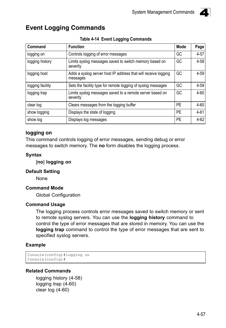 Event logging commands, Logging on, Table 4-14 | LevelOne FGL-2870 User Manual | Page 423 / 800