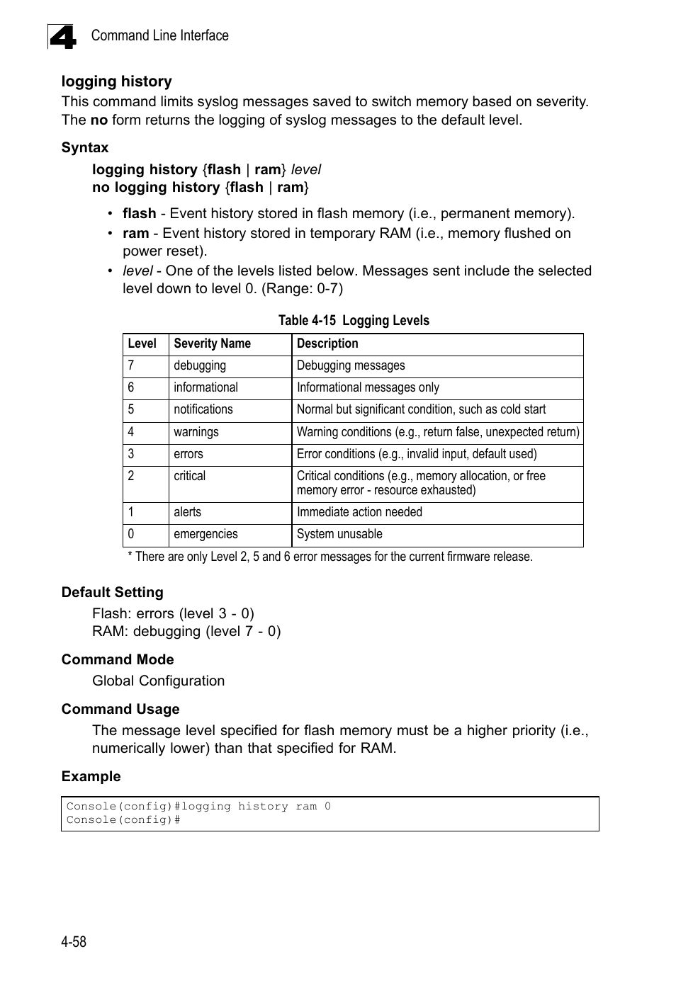 Logging history, Table 4-15, Logging levels | Logging history (4-58) | LevelOne FGL-2870 User Manual | Page 424 / 800