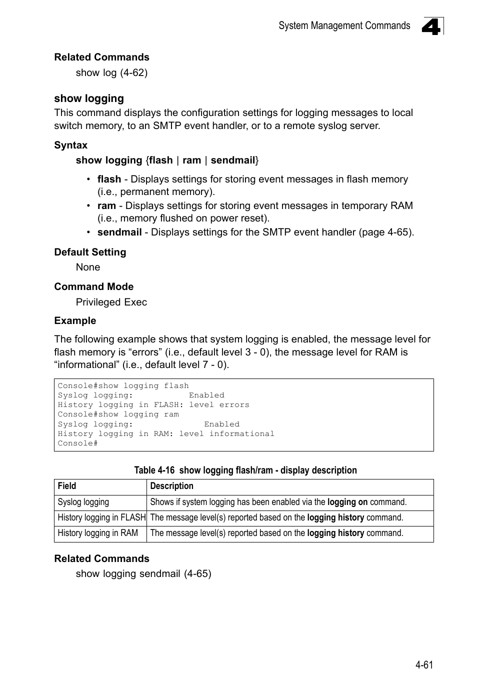 Show logging, Table 4-16, Show logging flash/ram - display description | LevelOne FGL-2870 User Manual | Page 427 / 800