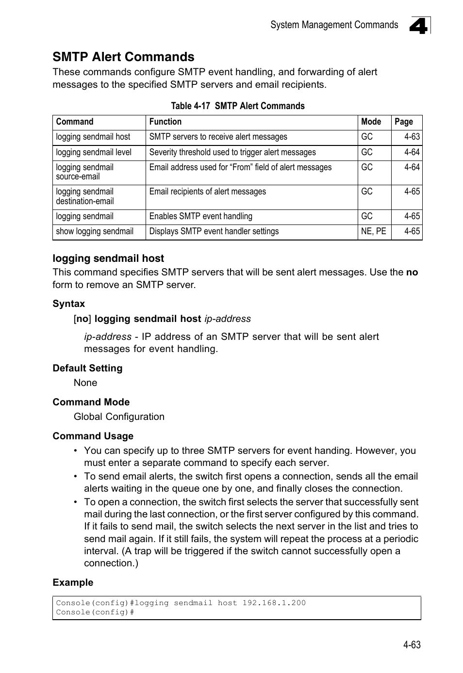 Smtp alert commands, Logging sendmail host, Table 4-17 | LevelOne FGL-2870 User Manual | Page 429 / 800