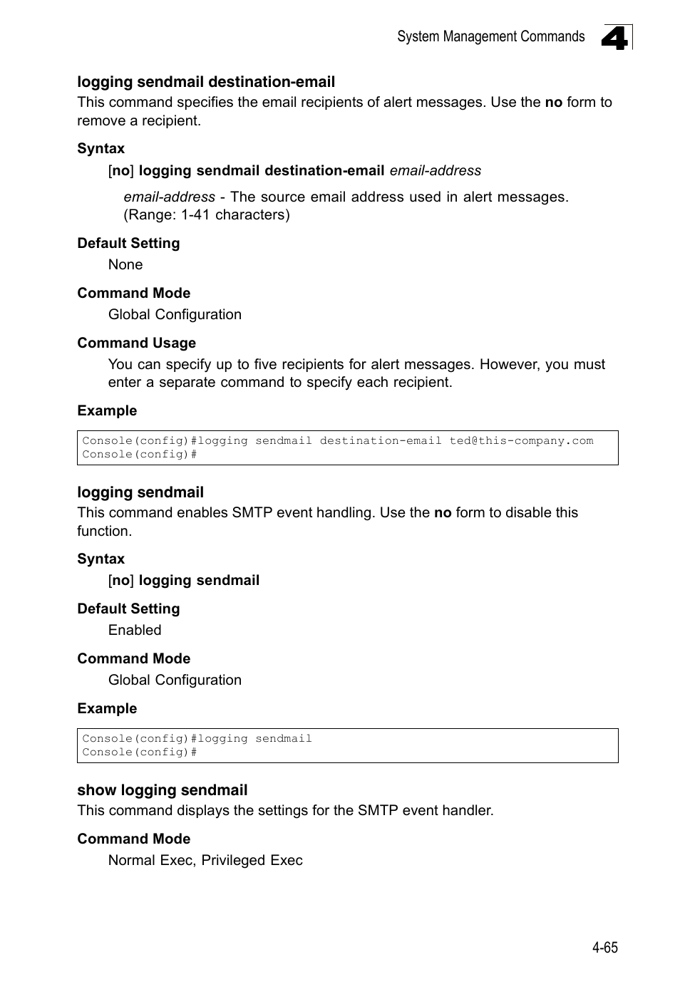 Logging sendmail destination-email, Logging sendmail, Show logging sendmail | LevelOne FGL-2870 User Manual | Page 431 / 800