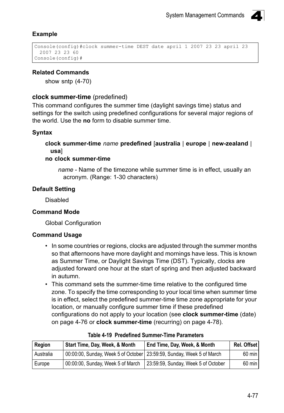Clock summer-time (predefined), Table 4-19, Predefined summer-time parameters | LevelOne FGL-2870 User Manual | Page 443 / 800