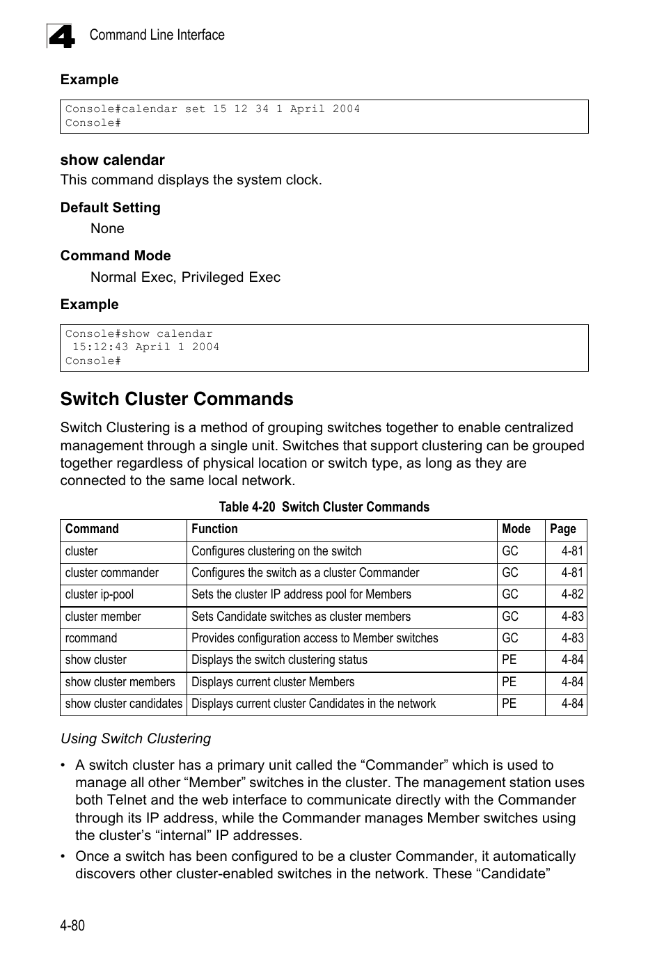 Switch cluster commands, Show calendar, Table 4-20 | LevelOne FGL-2870 User Manual | Page 446 / 800