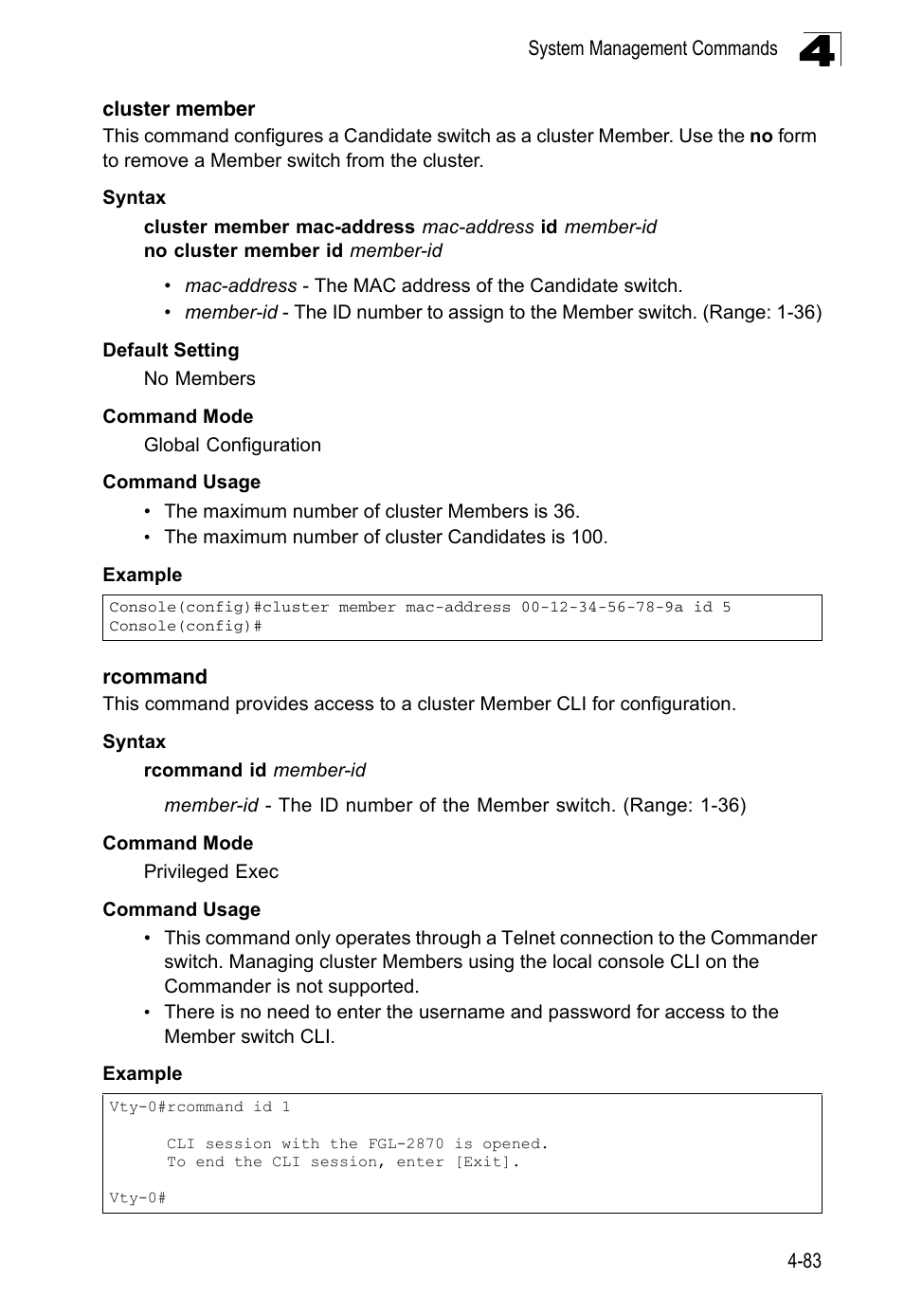 Cluster member, Rcommand 4-83 | LevelOne FGL-2870 User Manual | Page 449 / 800