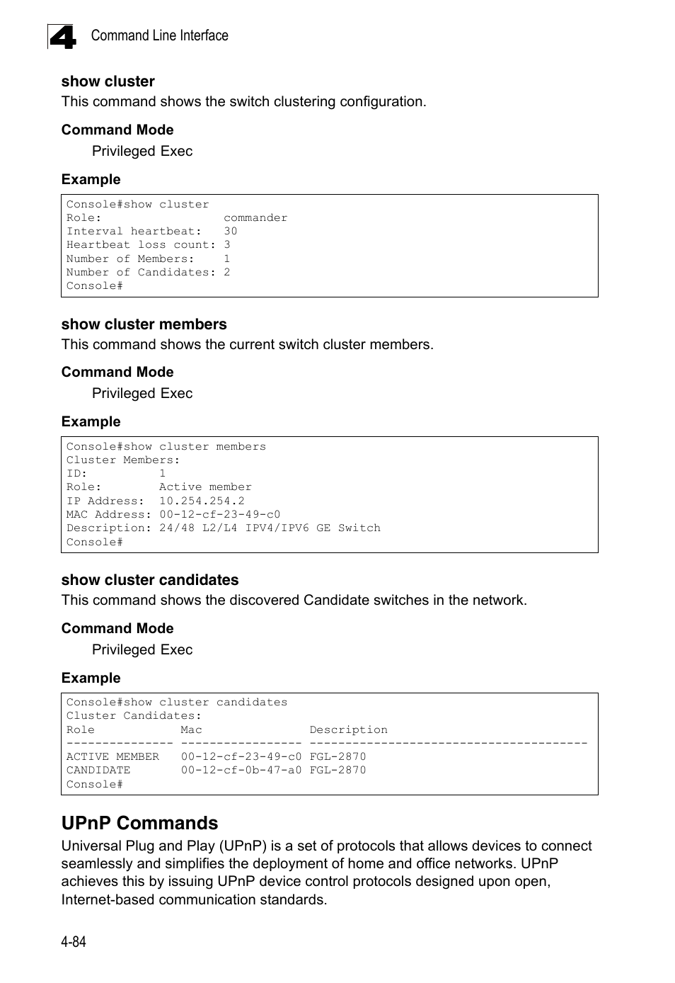 Upnp commands, Show cluster, Show cluster members | Show cluster candidates | LevelOne FGL-2870 User Manual | Page 450 / 800