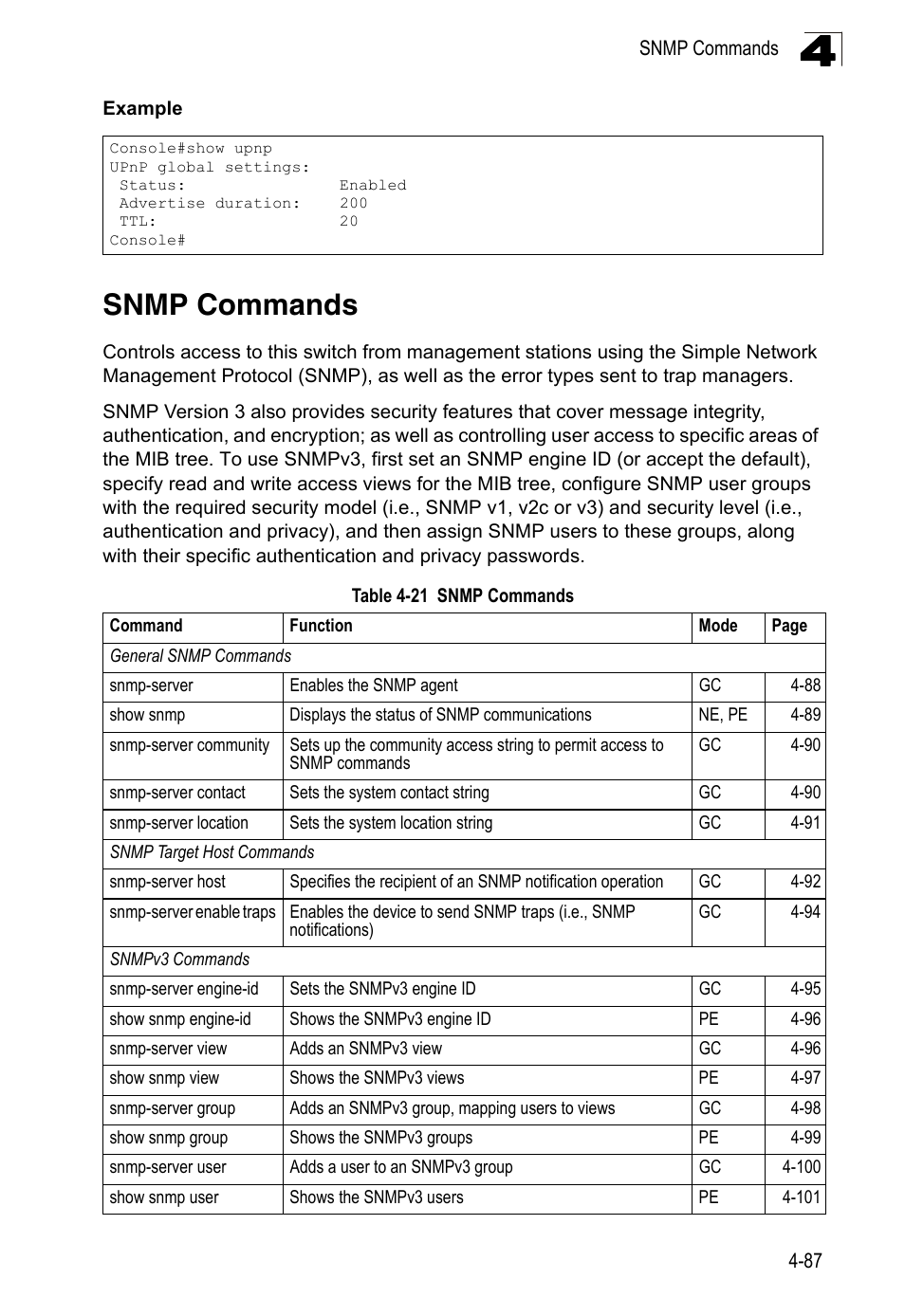 Snmp commands, Table 4-21 | LevelOne FGL-2870 User Manual | Page 453 / 800