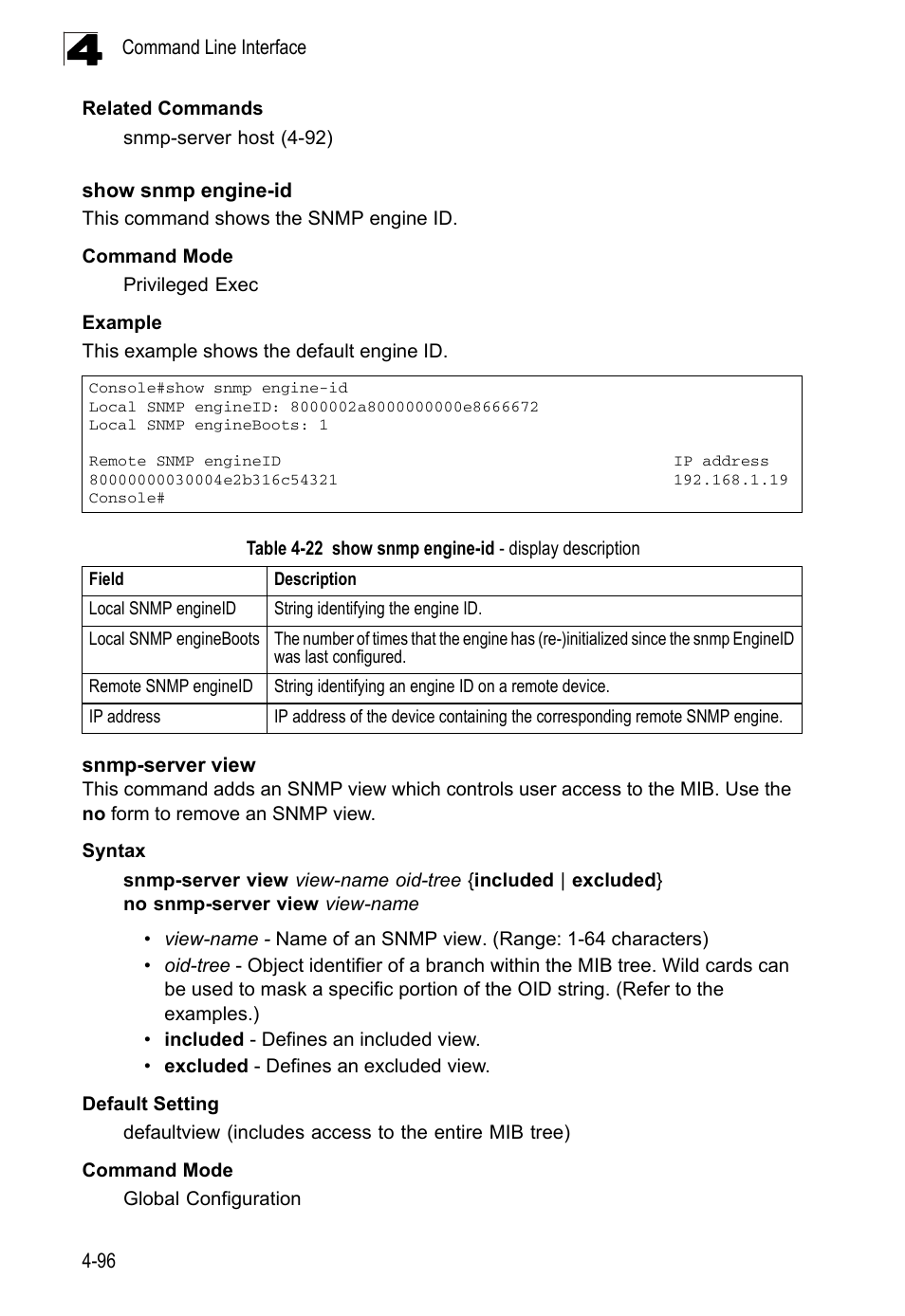 Show snmp engine-id, Snmp-server view, Table 4-22 | Show snmp engine-id - display description | LevelOne FGL-2870 User Manual | Page 462 / 800